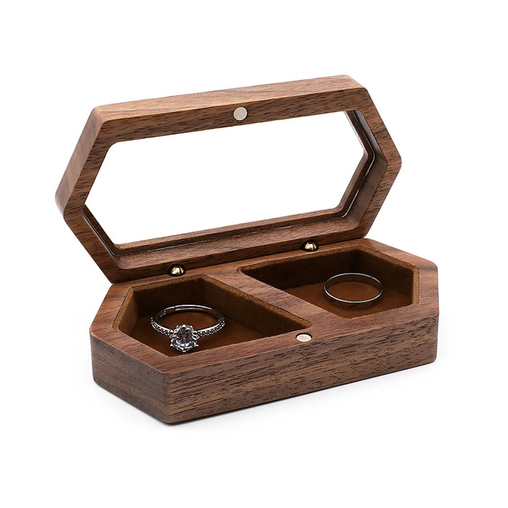 Vintage Hexagon Wooden Ring Box for Men Women Luxury Velvet Lined Jewelry Storage Organizer Engagement Ring Holder Proposal Gift