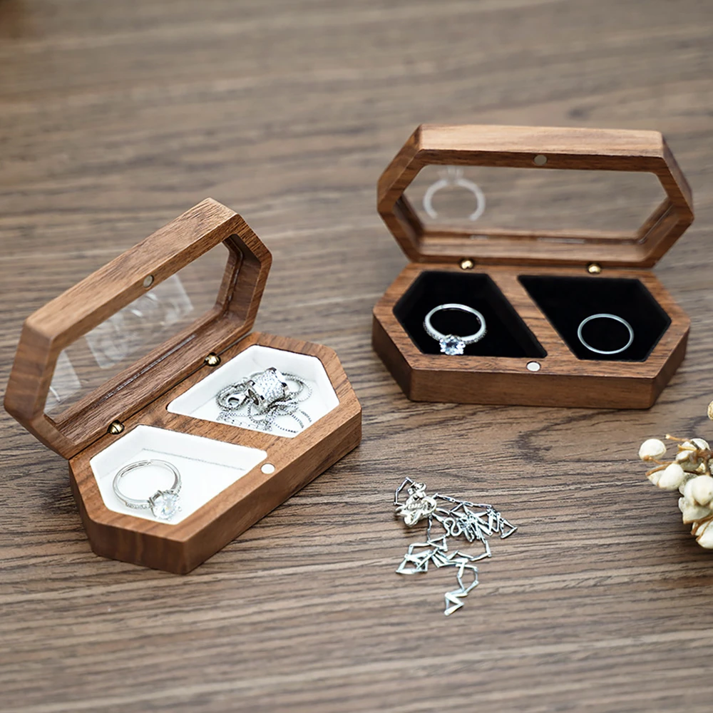 Vintage Hexagon Wooden Ring Box for Men Women Luxury Velvet Lined Jewelry Storage Organizer Engagement Ring Holder Proposal Gift