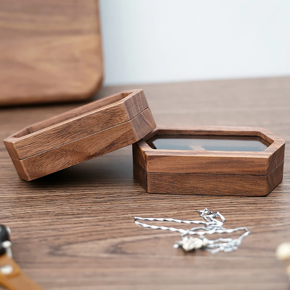 Vintage Hexagon Wooden Ring Box for Men Women Luxury Velvet Lined Jewelry Storage Organizer Engagement Ring Holder Proposal Gift
