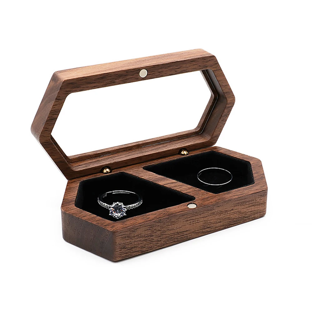 Vintage Hexagon Wooden Ring Box for Men Women Luxury Velvet Lined Jewelry Storage Organizer Engagement Ring Holder Proposal Gift