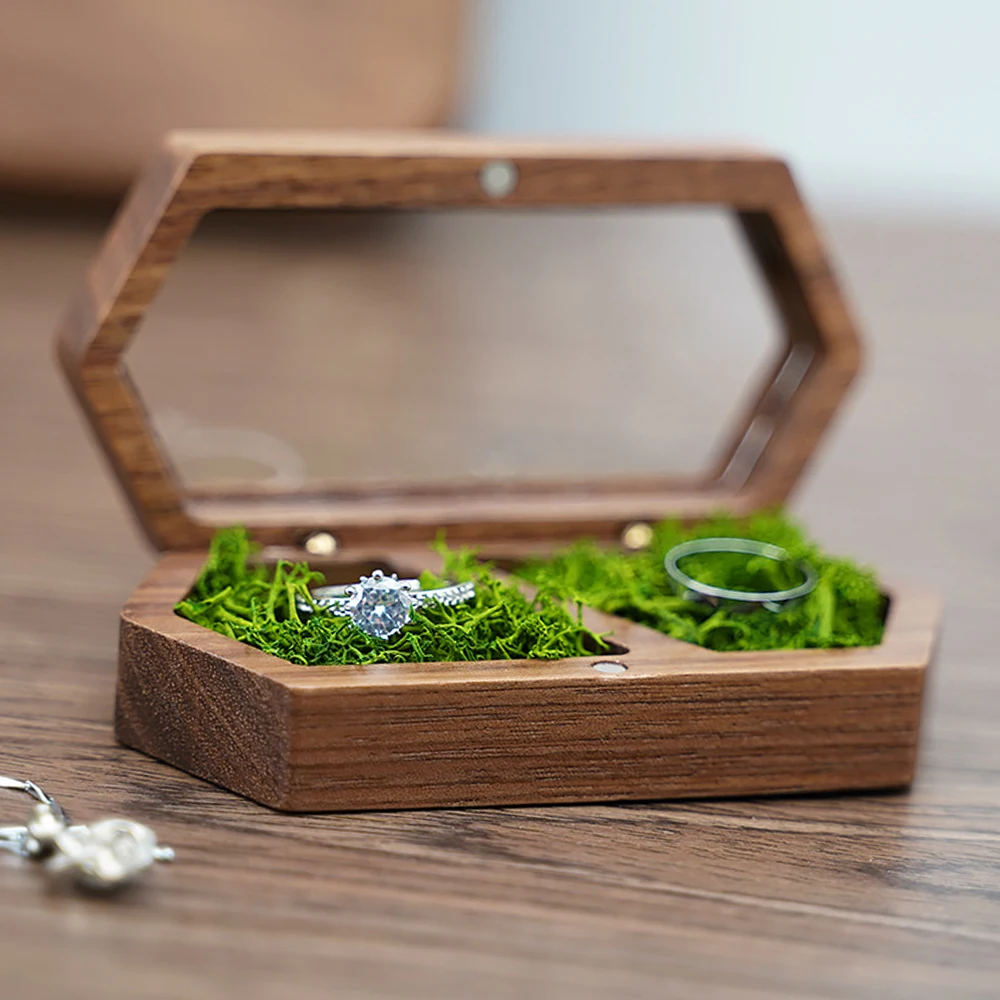 Vintage Hexagon Wooden Ring Box for Men Women Luxury Velvet Lined Jewelry Storage Organizer Engagement Ring Holder Proposal Gift
