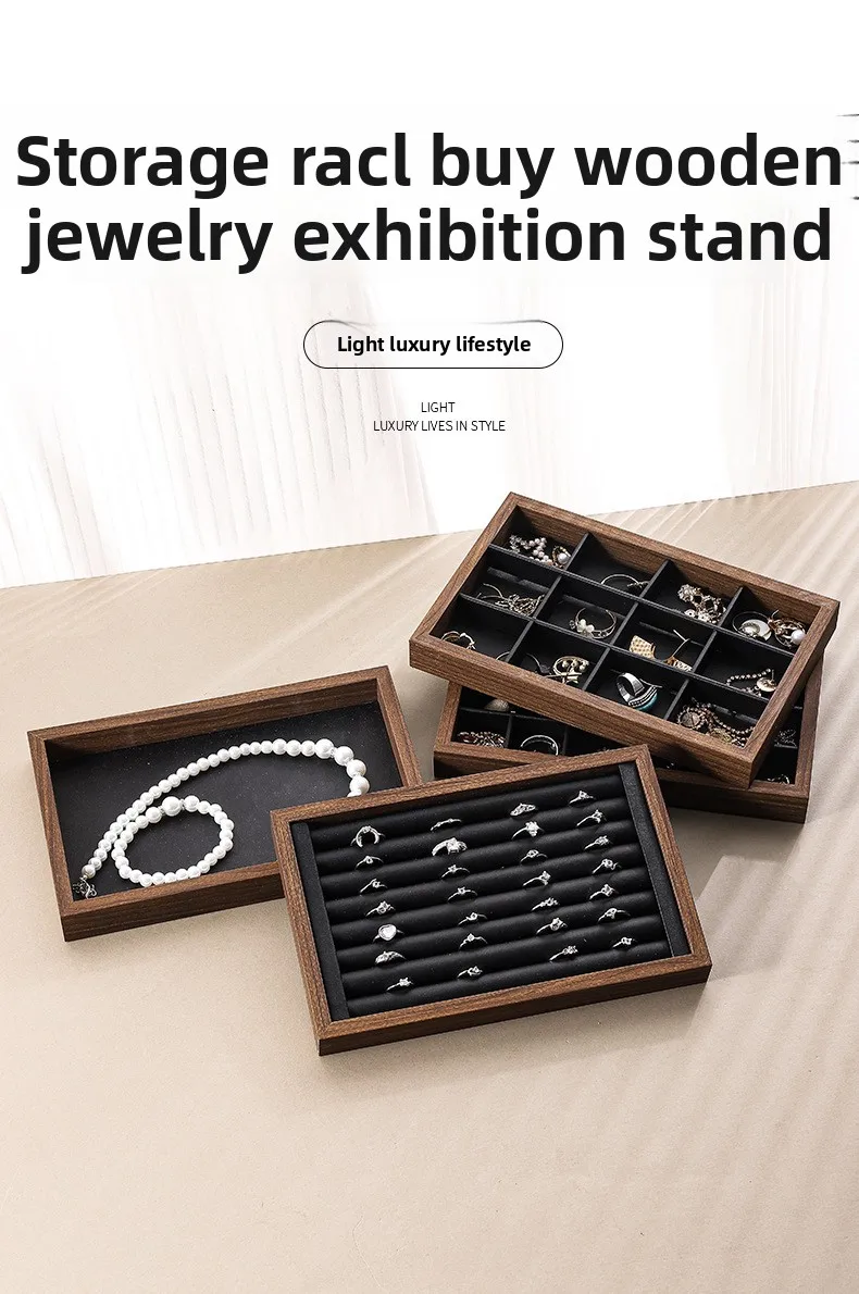 Shopping Mall Counter Jewelry Tray Display Walnut Box Flannel Jewelry Storage Large Capacity Ring Necklace Display Tray