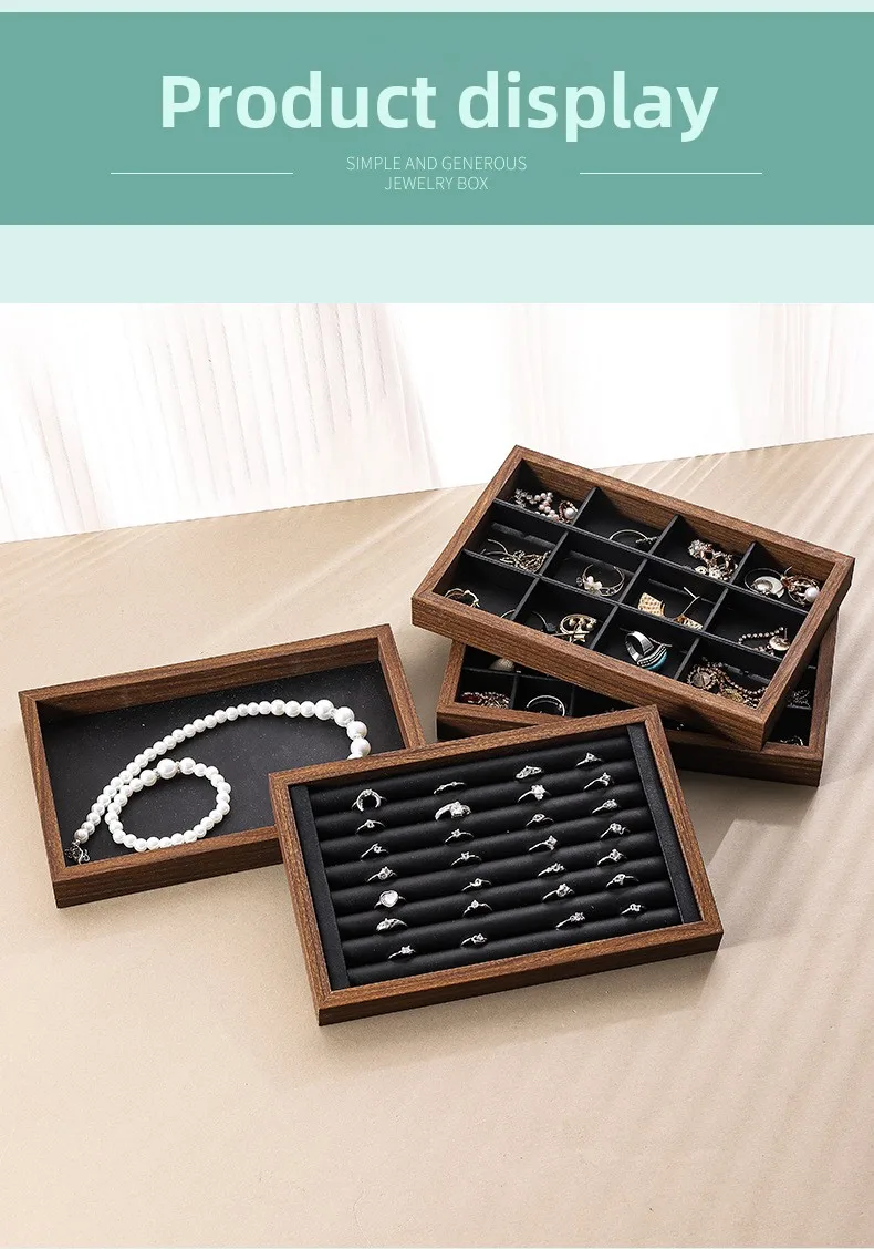 Shopping Mall Counter Jewelry Tray Display Walnut Box Flannel Jewelry Storage Large Capacity Ring Necklace Display Tray