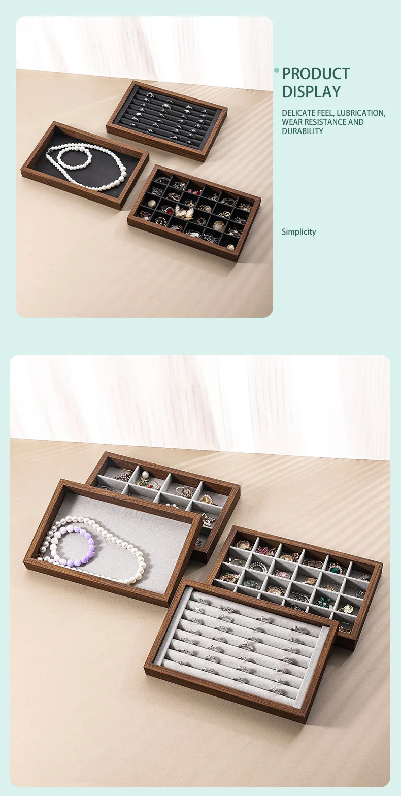 Shopping Mall Counter Jewelry Tray Display Walnut Box Flannel Jewelry Storage Large Capacity Ring Necklace Display Tray