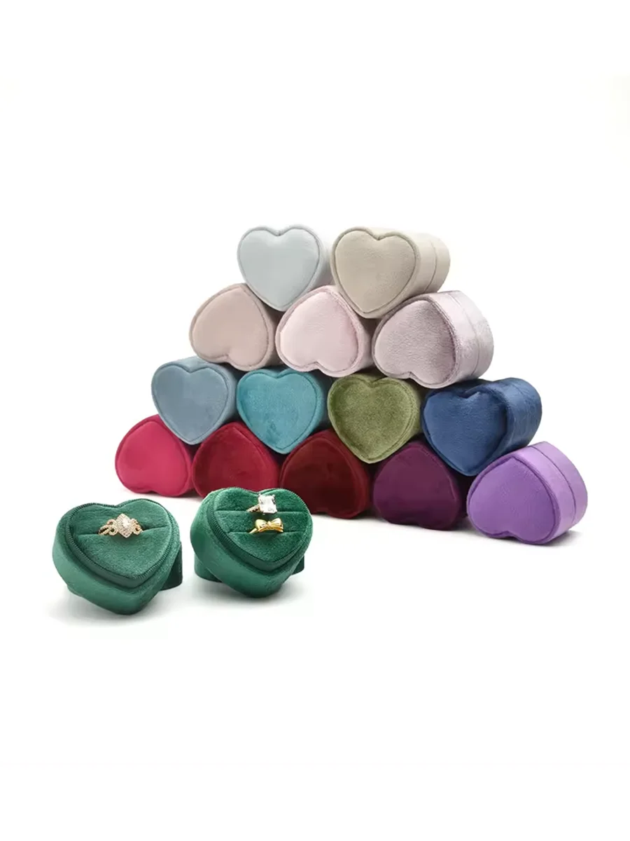 TAIMY Luxury Velvet Vintage Marry Wedding Heart Shaped Ring Box Double Rings Holder Custom Logo Jewelry Boxes Gifts Packaging
