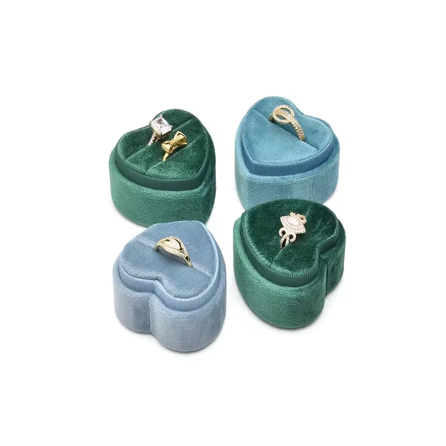 TAIMY Luxury Velvet Vintage Marry Wedding Heart Shaped Ring Box Double Rings Holder Custom Logo Jewelry Boxes Gifts Packaging