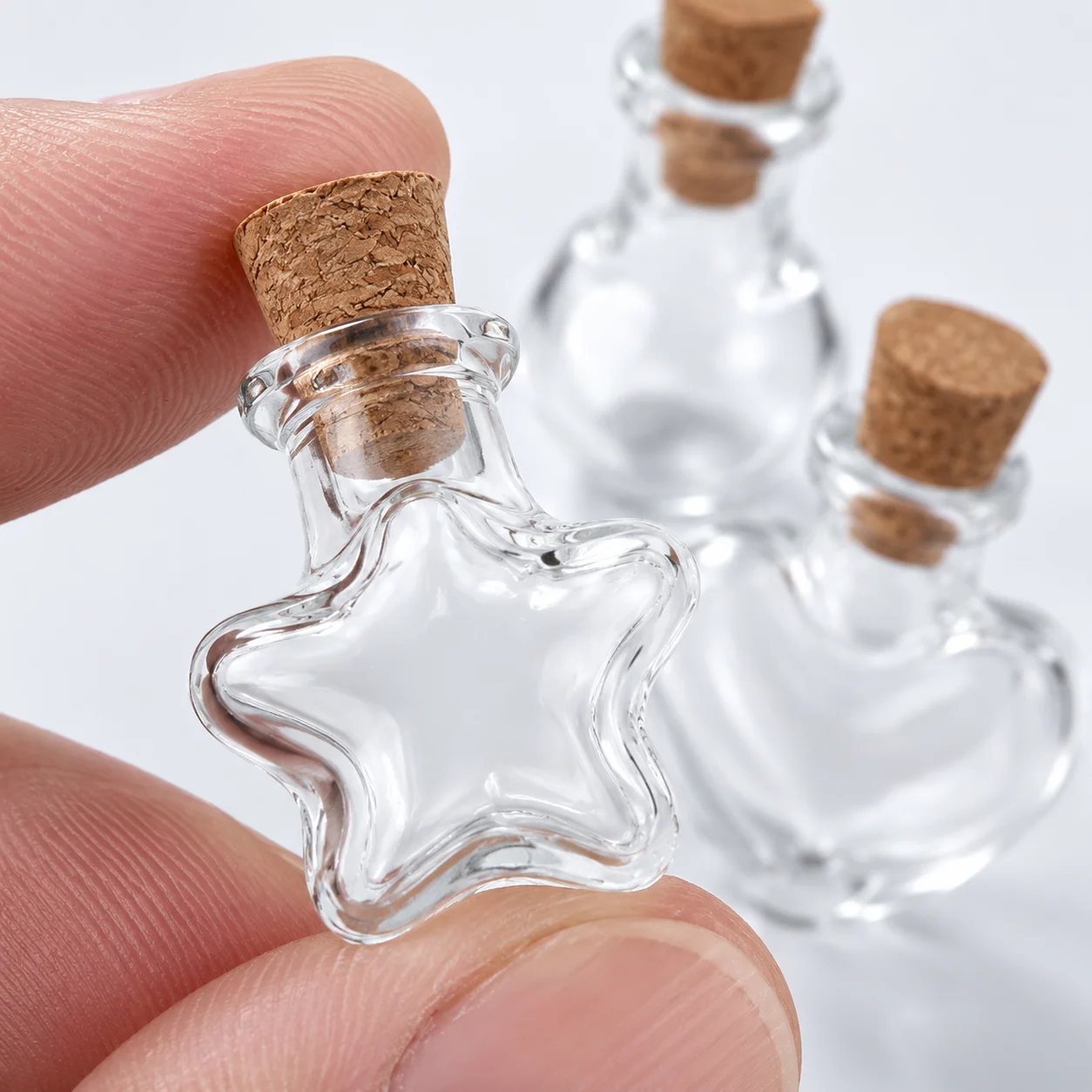 10pcs Small Clear Glass Wishing Bottles with Wood Stoppers Mixed Shape Micro Containers for Jewelry Decoration and Display