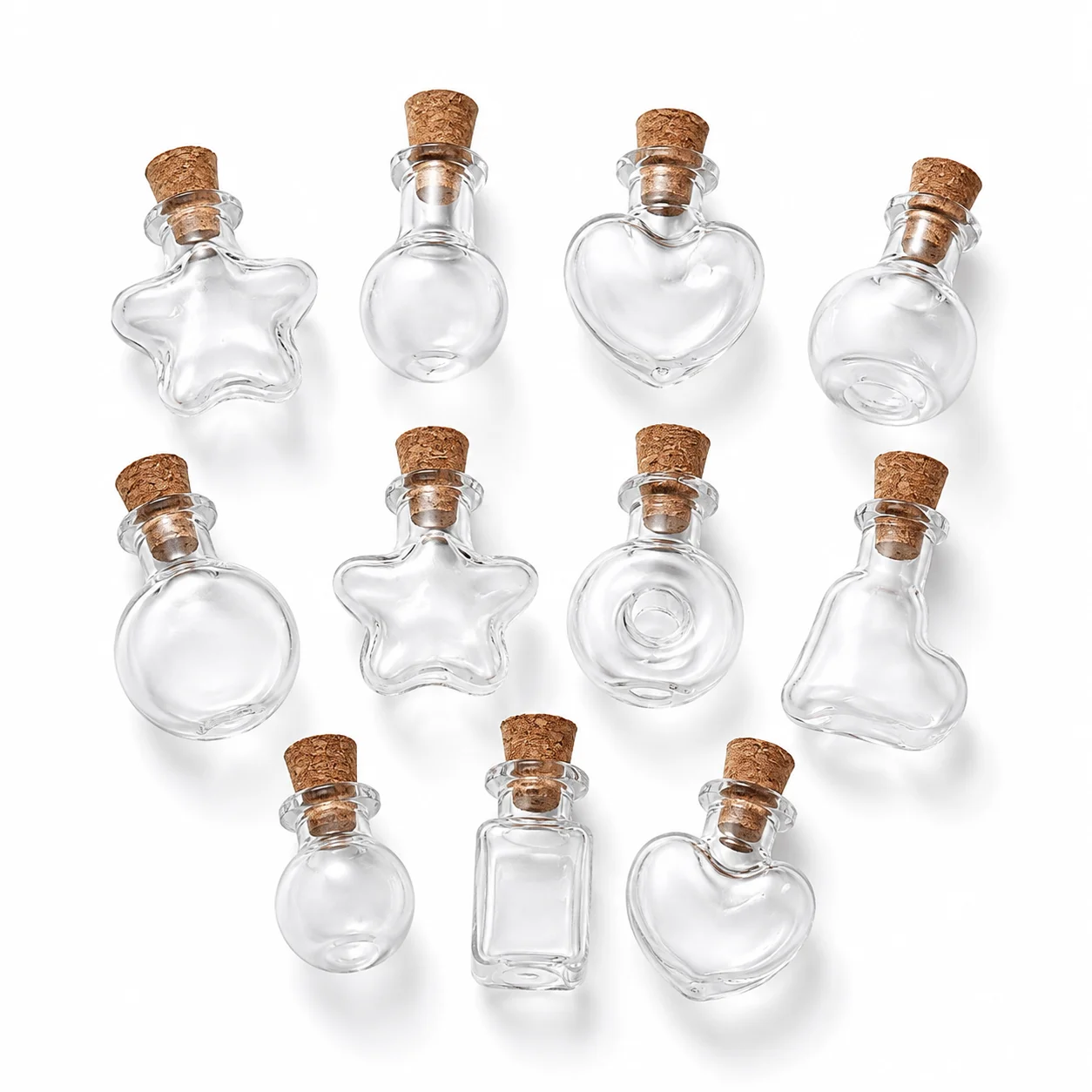 10pcs Small Clear Glass Wishing Bottles with Wood Stoppers Mixed Shape Micro Containers for Jewelry Decoration and Display
