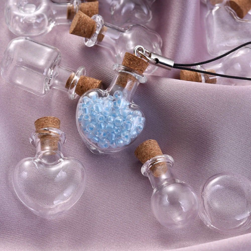 10pcs Small Clear Glass Wishing Bottles with Wood Stoppers Mixed Shape Micro Containers for Jewelry Decoration and Display