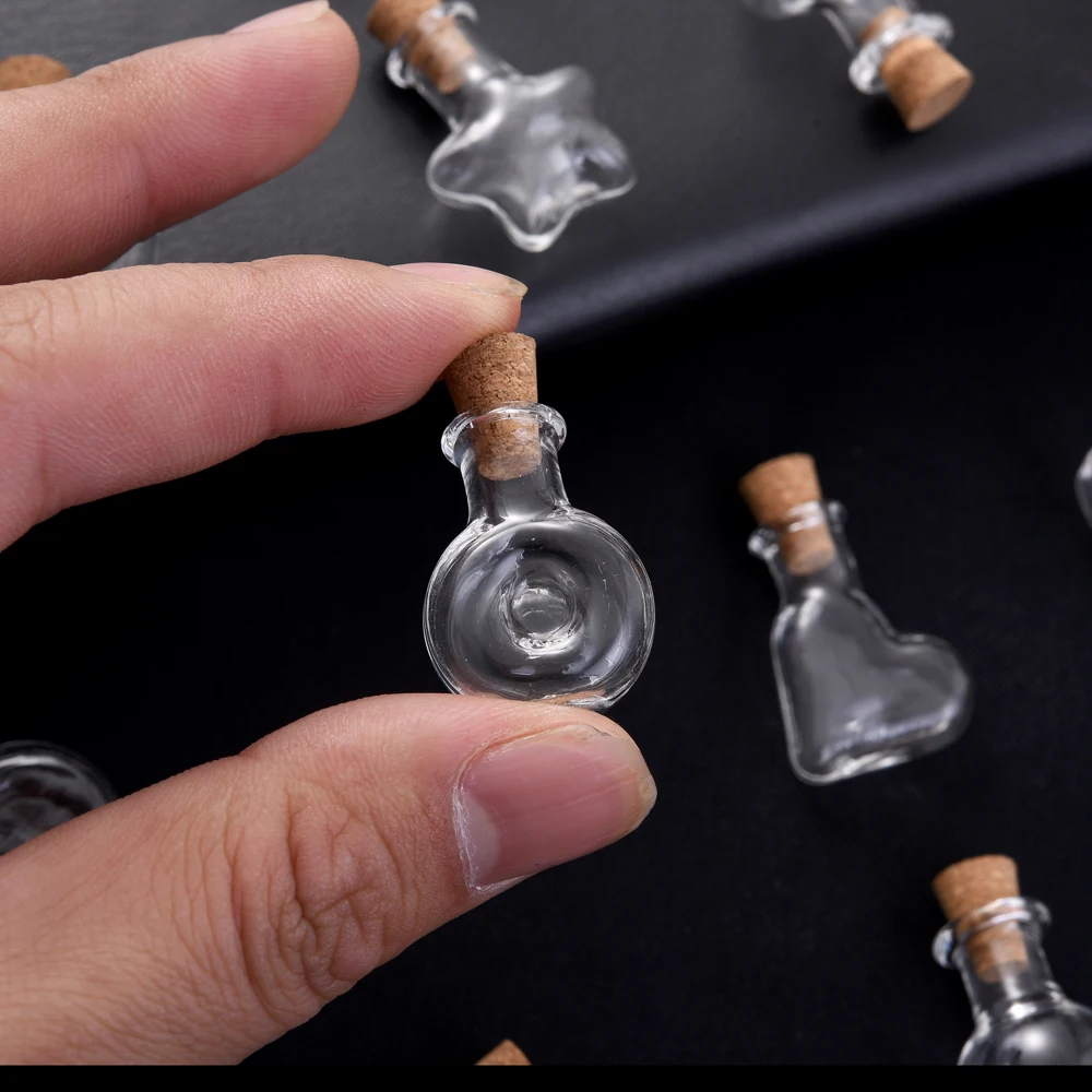 10pcs Small Clear Glass Wishing Bottles with Wood Stoppers Mixed Shape Micro Containers for Jewelry Decoration and Display