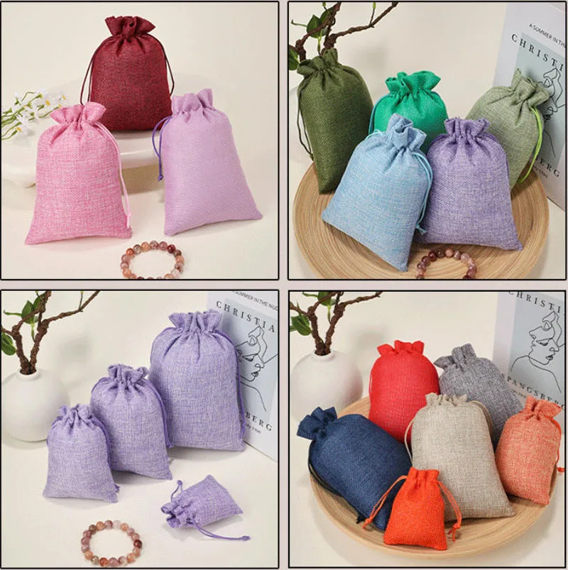 50pcs/lot Drawstring Gift Pouches Linen Bags For Jewelry Wedding Party Christmas Packaging Custom Logo 7*9 8*10 10*14 13*18cm