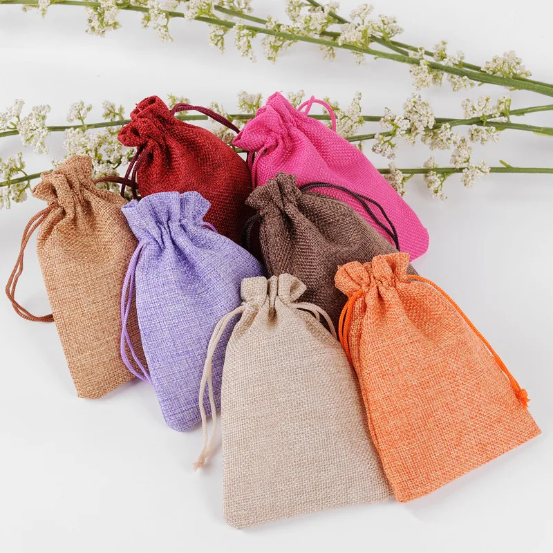 50pcs/lot Drawstring Gift Pouches Linen Bags For Jewelry Wedding Party Christmas Packaging Custom Logo 7*9 8*10 10*14 13*18cm