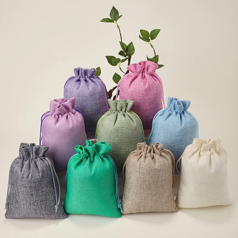50pcs/lot Drawstring Gift Pouches Linen Bags For Jewelry Wedding Party Christmas Packaging Custom Logo 7*9 8*10 10*14 13*18cm