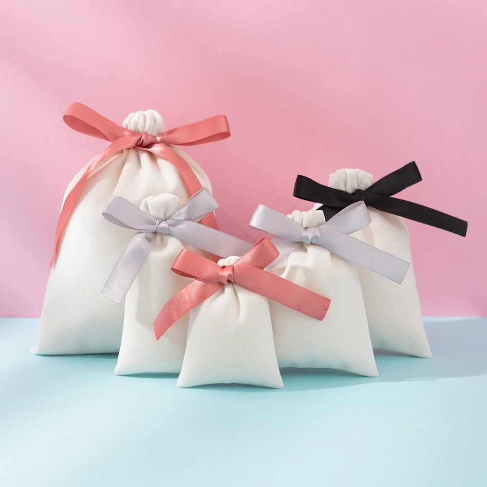 50Pcs Jewelry Thick Velvet Drawstring Bag Ribbon Bowknot Pouch Cosmetic Keychain Watch Bracelet Wedding Candy Sunglasses Storage