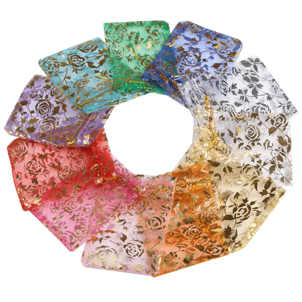 50pcs Rose Organza Jewelry Bags 9x12cm Wedding Party Christmas Candy Gold Color Drawstring Packaging Pouches
