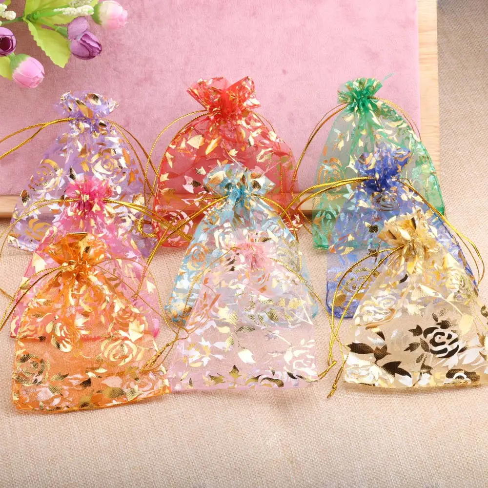 50pcs Rose Organza Jewelry Bags 9x12cm Wedding Party Christmas Candy Gold Color Drawstring Packaging Pouches