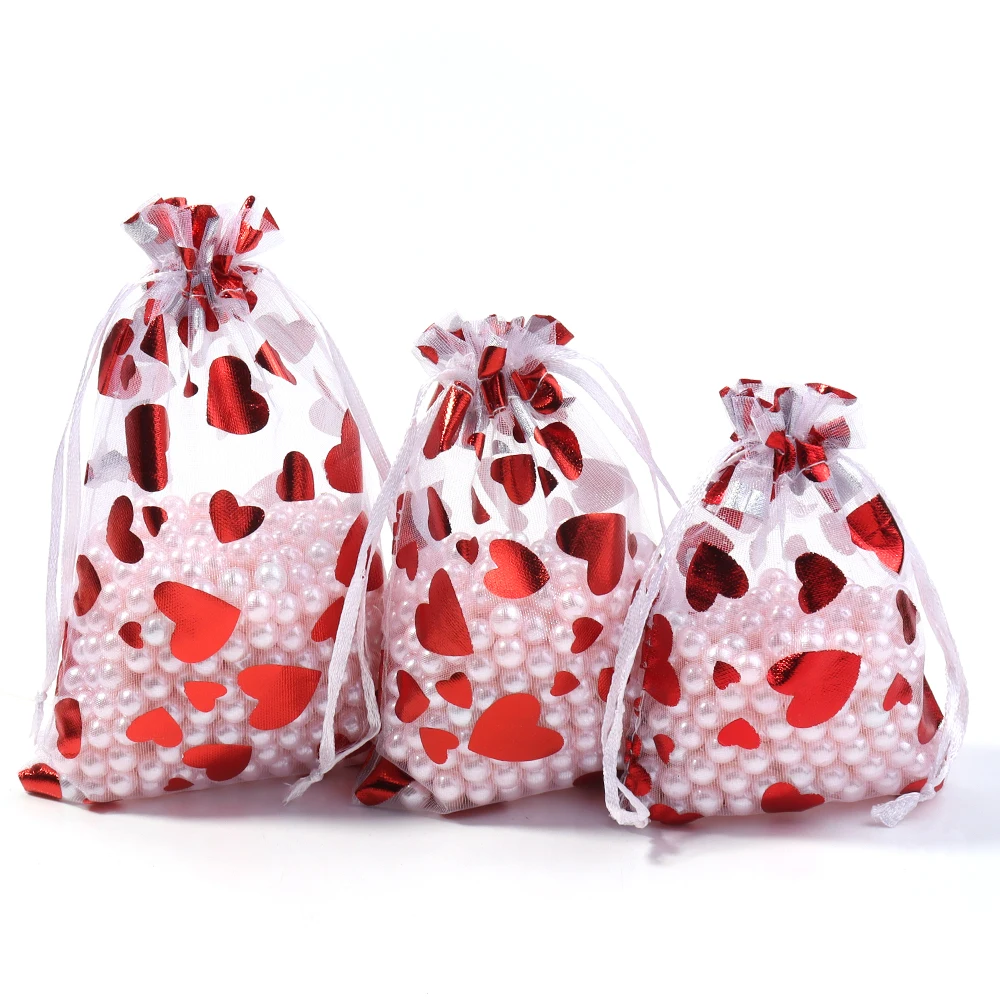 10pcs/lot 9x12cm Red Heart Organza Bags Gift Jewelry Packaging Storage Bags For Wedding Christmas Candy Gift Drawstring Pouches