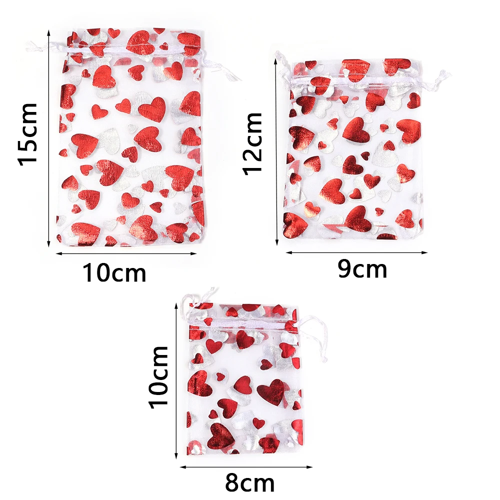 10pcs/lot 9x12cm Red Heart Organza Bags Gift Jewelry Packaging Storage Bags For Wedding Christmas Candy Gift Drawstring Pouches