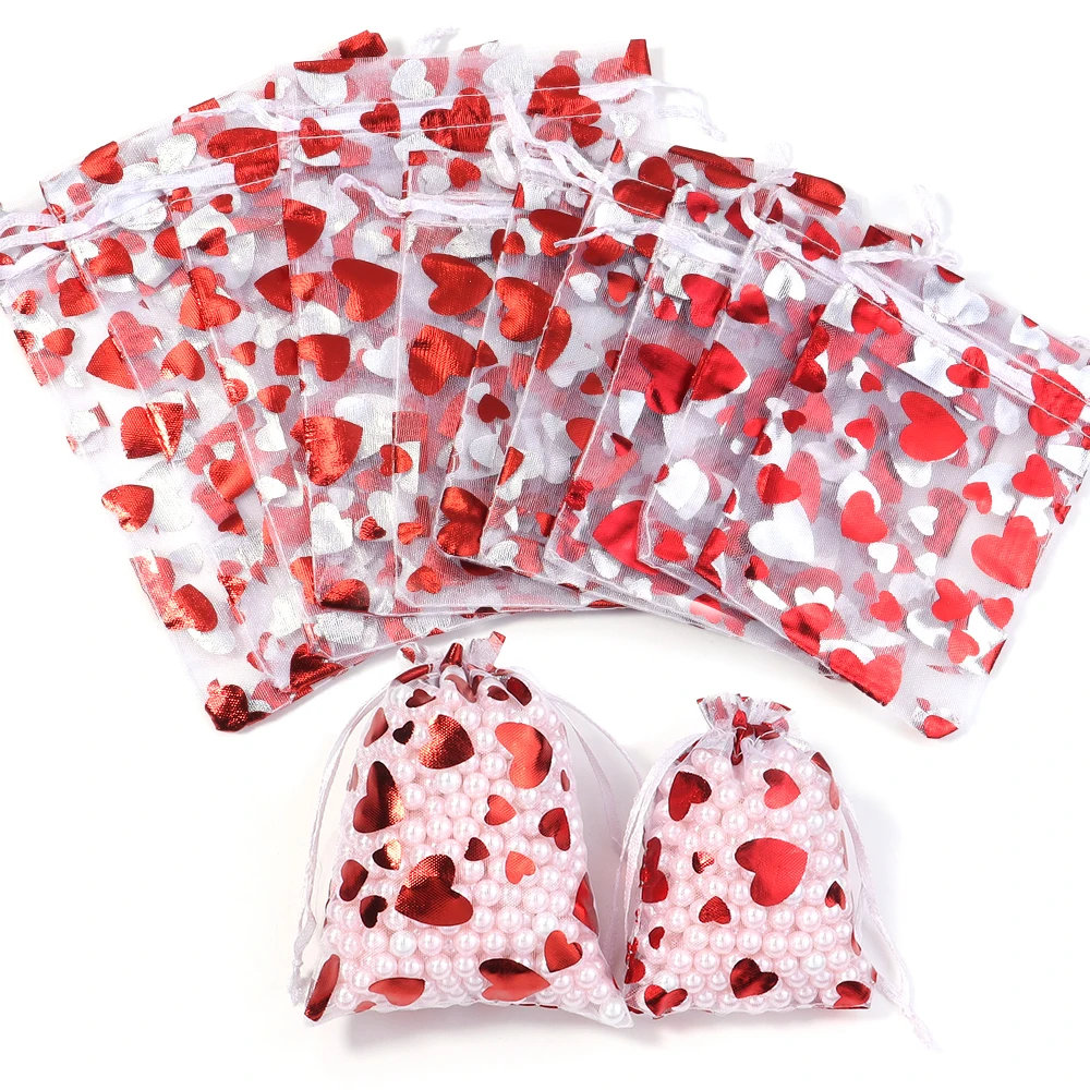 10pcs/lot 9x12cm Red Heart Organza Bags Gift Jewelry Packaging Storage Bags For Wedding Christmas Candy Gift Drawstring Pouches