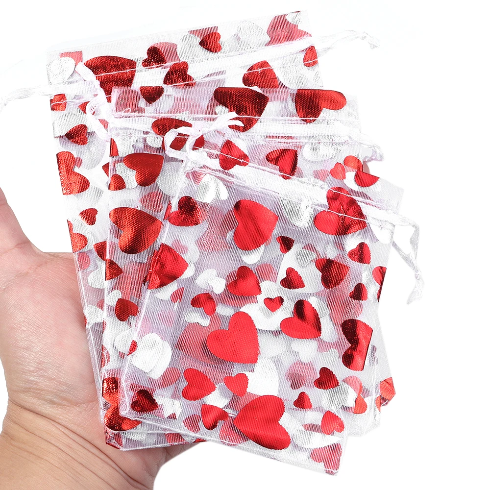 10pcs/lot 9x12cm Red Heart Organza Bags Gift Jewelry Packaging Storage Bags For Wedding Christmas Candy Gift Drawstring Pouches
