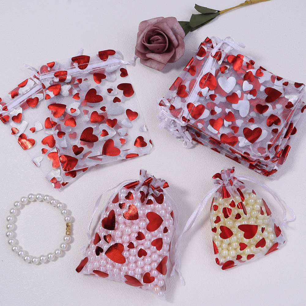 10pcs/lot 9x12cm Red Heart Organza Bags Gift Jewelry Packaging Storage Bags For Wedding Christmas Candy Gift Drawstring Pouches