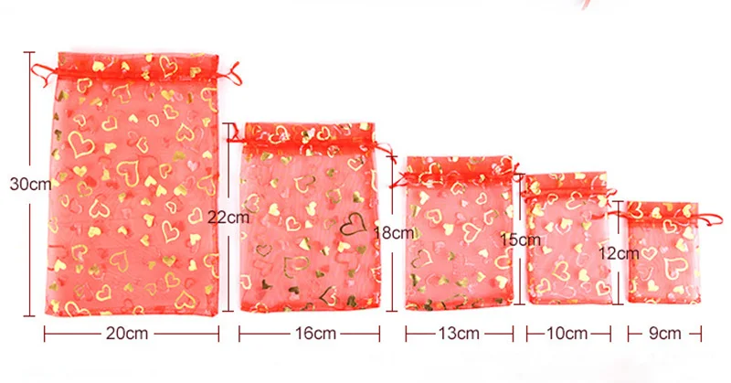 100Pcs/lot 7X9cm 9X12cm 11X16cm 13X18cm Gold Color Love Heart Rose Organza Bag Wedding Candy Gift Christmas Bags Jewelry Packing