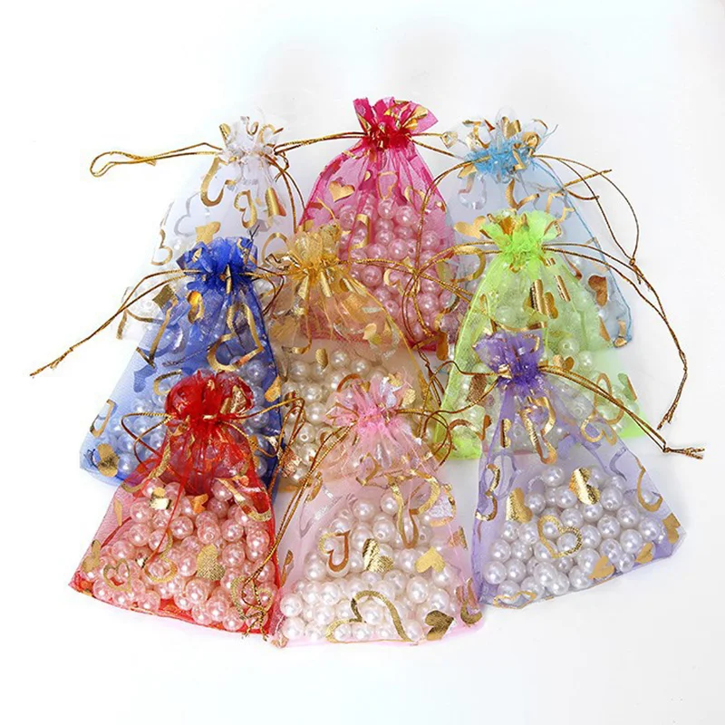 100Pcs/lot 7X9cm 9X12cm 11X16cm 13X18cm Gold Color Love Heart Rose Organza Bag Wedding Candy Gift Christmas Bags Jewelry Packing