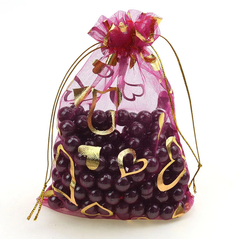 100Pcs/lot 7X9cm 9X12cm 11X16cm 13X18cm Gold Color Love Heart Rose Organza Bag Wedding Candy Gift Christmas Bags Jewelry Packing