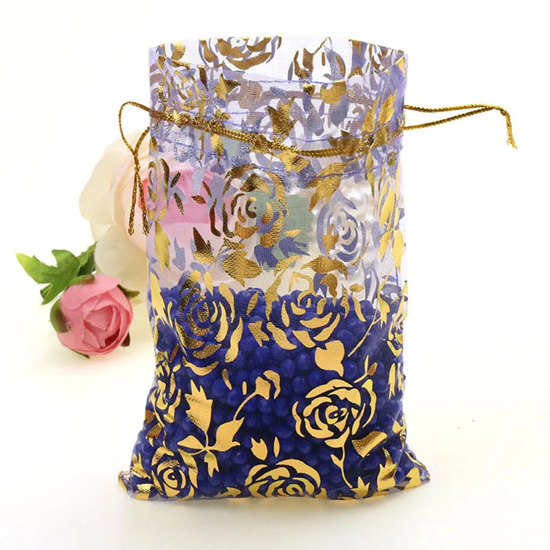 100Pcs/lot 7X9cm 9X12cm 11X16cm 13X18cm Gold Color Love Heart Rose Organza Bag Wedding Candy Gift Christmas Bags Jewelry Packing