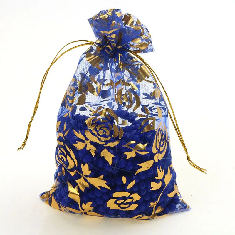 100Pcs/lot 7X9cm 9X12cm 11X16cm 13X18cm Gold Color Love Heart Rose Organza Bag Wedding Candy Gift Christmas Bags Jewelry Packing
