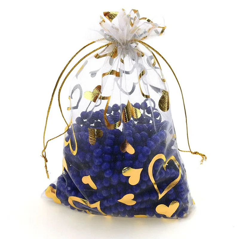100Pcs/lot 7X9cm 9X12cm 11X16cm 13X18cm Gold Color Love Heart Rose Organza Bag Wedding Candy Gift Christmas Bags Jewelry Packing