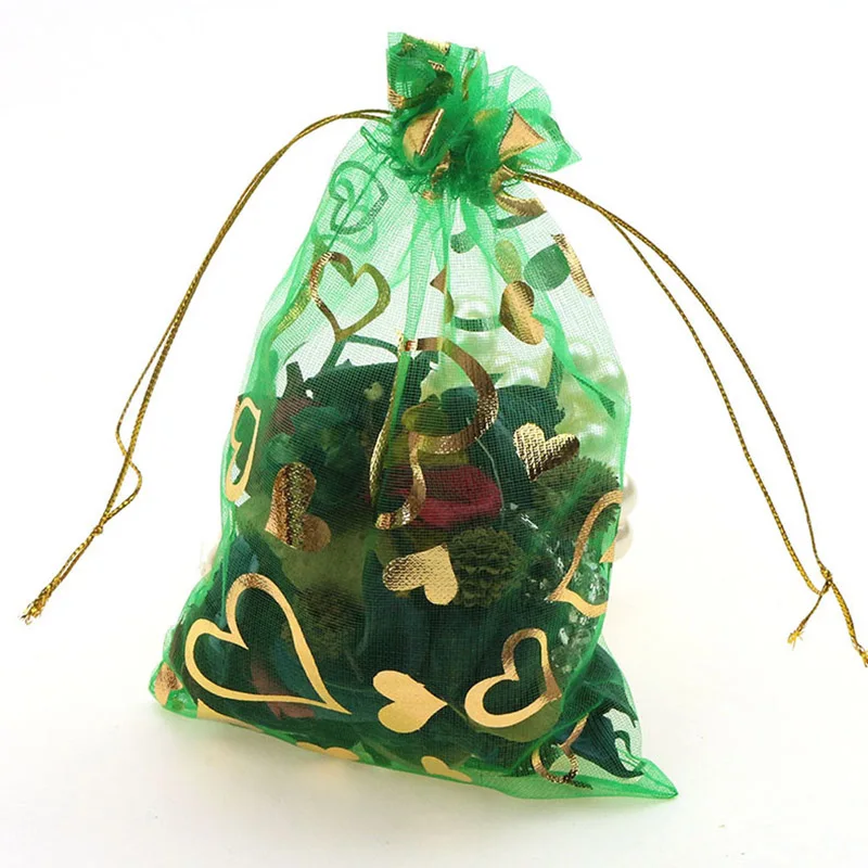 100Pcs/lot 7X9cm 9X12cm 11X16cm 13X18cm Gold Color Love Heart Rose Organza Bag Wedding Candy Gift Christmas Bags Jewelry Packing