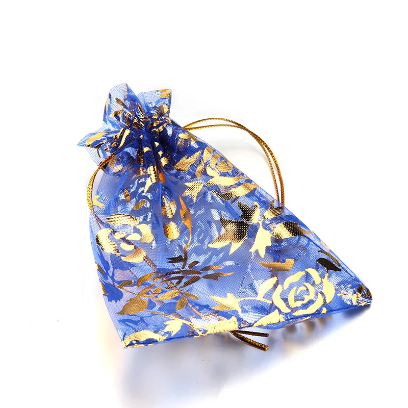 100Pcs/lot 7X9cm 9X12cm 11X16cm 13X18cm Gold Color Love Heart Rose Organza Bag Wedding Candy Gift Christmas Bags Jewelry Packing