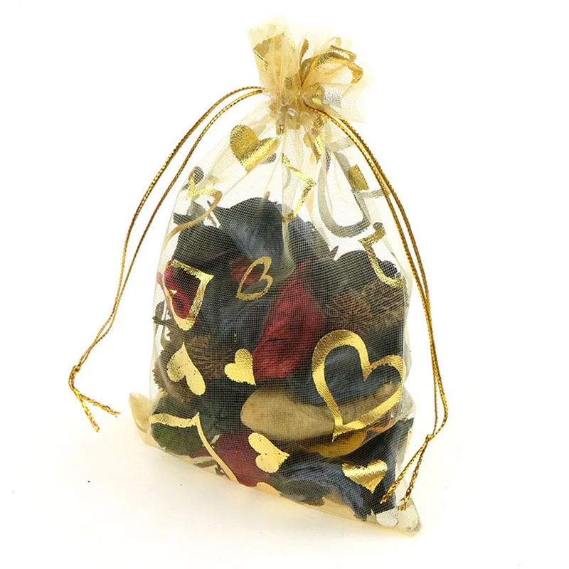 100Pcs/lot 7X9cm 9X12cm 11X16cm 13X18cm Gold Color Love Heart Rose Organza Bag Wedding Candy Gift Christmas Bags Jewelry Packing