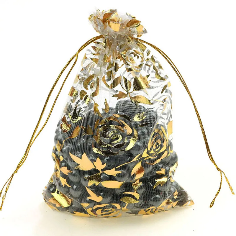100Pcs/lot 7X9cm 9X12cm 11X16cm 13X18cm Gold Color Love Heart Rose Organza Bag Wedding Candy Gift Christmas Bags Jewelry Packing
