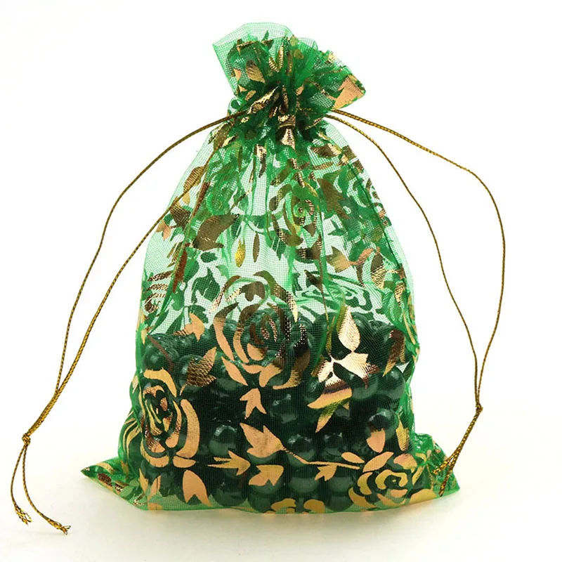 100Pcs/lot 7X9cm 9X12cm 11X16cm 13X18cm Gold Color Love Heart Rose Organza Bag Wedding Candy Gift Christmas Bags Jewelry Packing