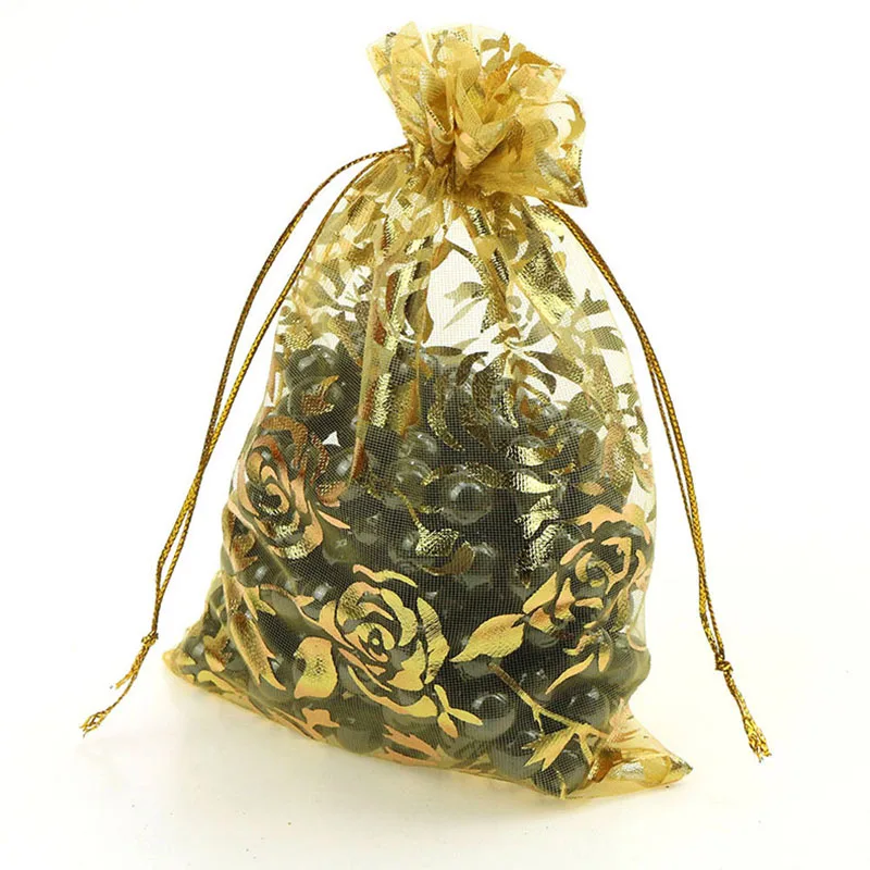 100Pcs/lot 7X9cm 9X12cm 11X16cm 13X18cm Gold Color Love Heart Rose Organza Bag Wedding Candy Gift Christmas Bags Jewelry Packing