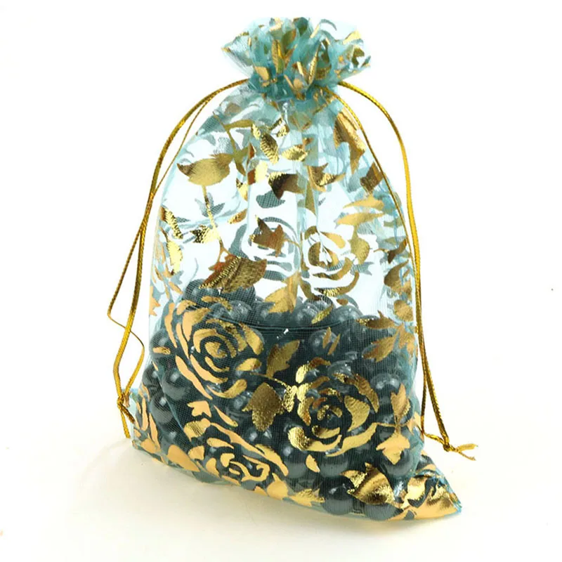 100Pcs/lot 7X9cm 9X12cm 11X16cm 13X18cm Gold Color Love Heart Rose Organza Bag Wedding Candy Gift Christmas Bags Jewelry Packing