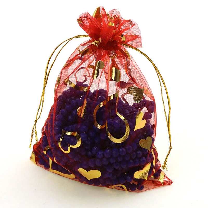 100Pcs/lot 7X9cm 9X12cm 11X16cm 13X18cm Gold Color Love Heart Rose Organza Bag Wedding Candy Gift Christmas Bags Jewelry Packing