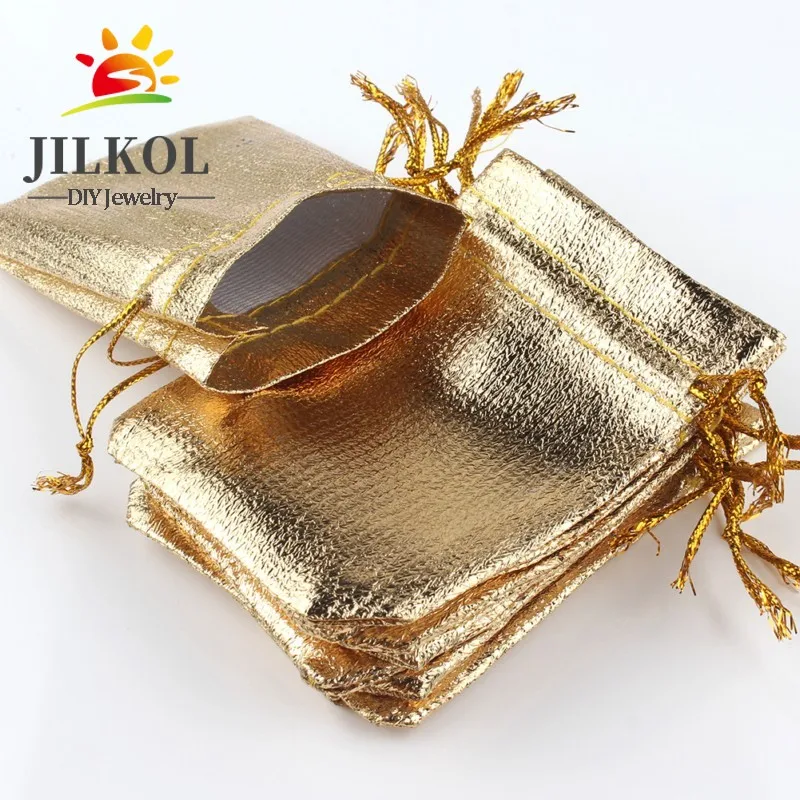 50Pcs/lot 7x9cm 9x12cm Gold Color Silver Color Adjustable Jewelry Packing Bags For Party Candy Drawstring Wedding Gift Bags