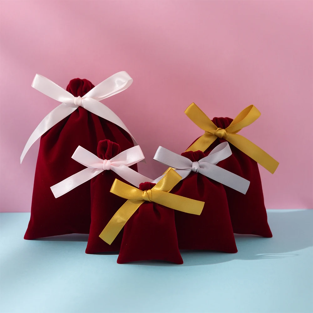 50Pcs Jewelry Velvet Bag Ribbon Drawstring Bowknot Pouch Suede Microfiber Ring Earrings Stud Bracelet Pendant Necklace Organizer