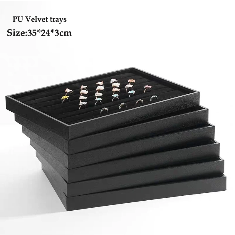 PU Black Velvet Jewelry Tray Jewellery Organizer Storage Box Watch Holder Necklace Ring Earring Pendant Stand Series For woman
