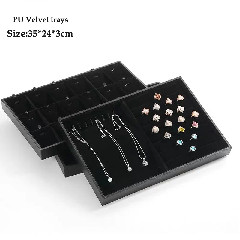 PU Black Velvet Jewelry Tray Jewellery Organizer Storage Box Watch Holder Necklace Ring Earring Pendant Stand Series For woman