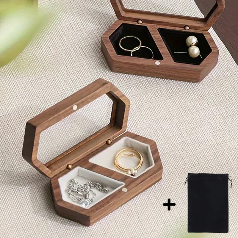 Blank Walnut Jewelry Storage Ring Box Engagement and Wedding Ring Holder Gift for Couples, Brides, and Grooms Ring Box With Bag