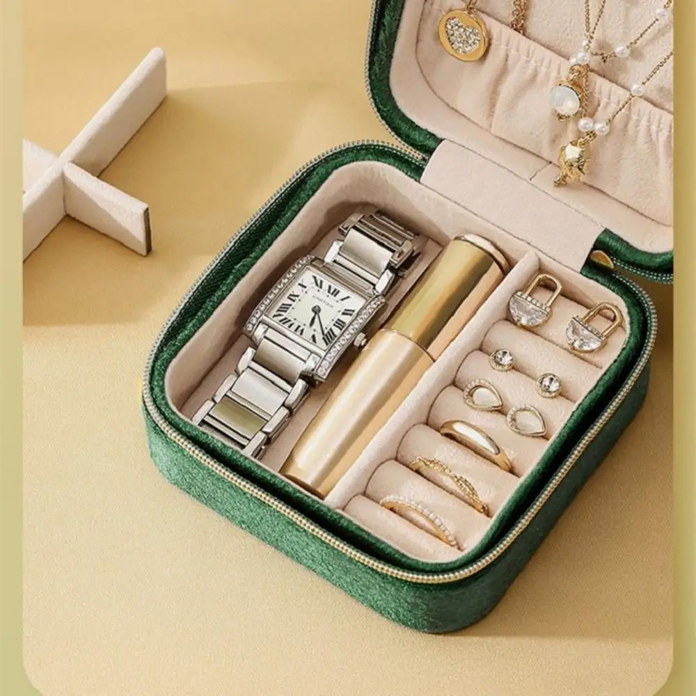 Plush Velvet Jewelry Box Necklace Ring Earrings Organizer Holder Travel Portable Zipper Square Jewelry Storage Case For Women