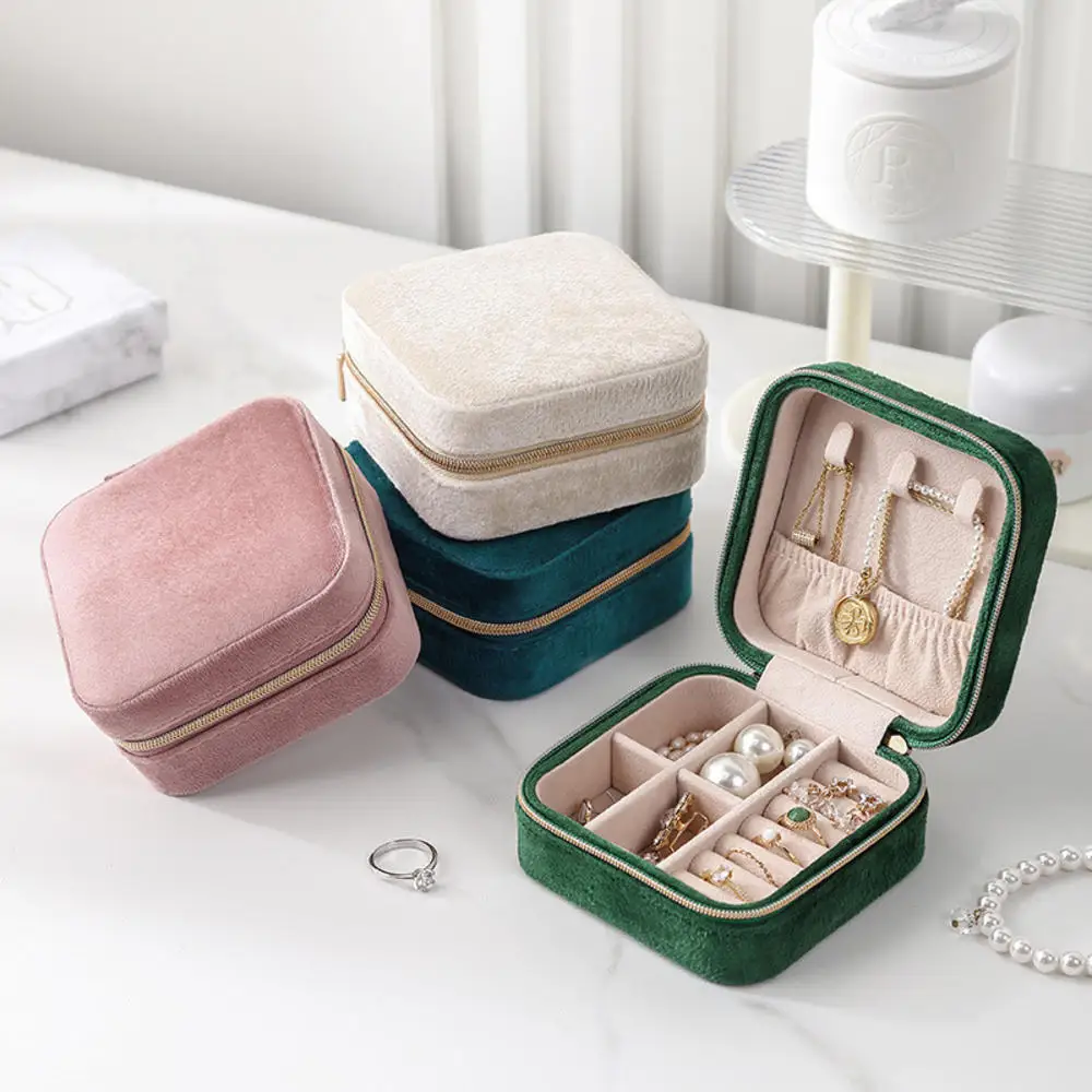 Plush Velvet Jewelry Box Necklace Ring Earrings Organizer Holder Travel Portable Zipper Square Jewelry Storage Case For Women