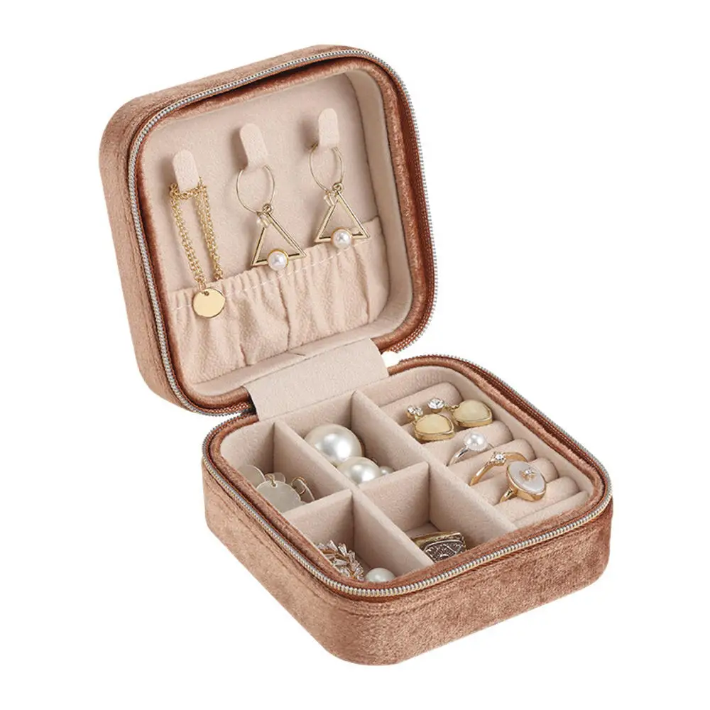 Plush Velvet Jewelry Box Necklace Ring Earrings Organizer Holder Travel Portable Zipper Square Jewelry Storage Case For Women
