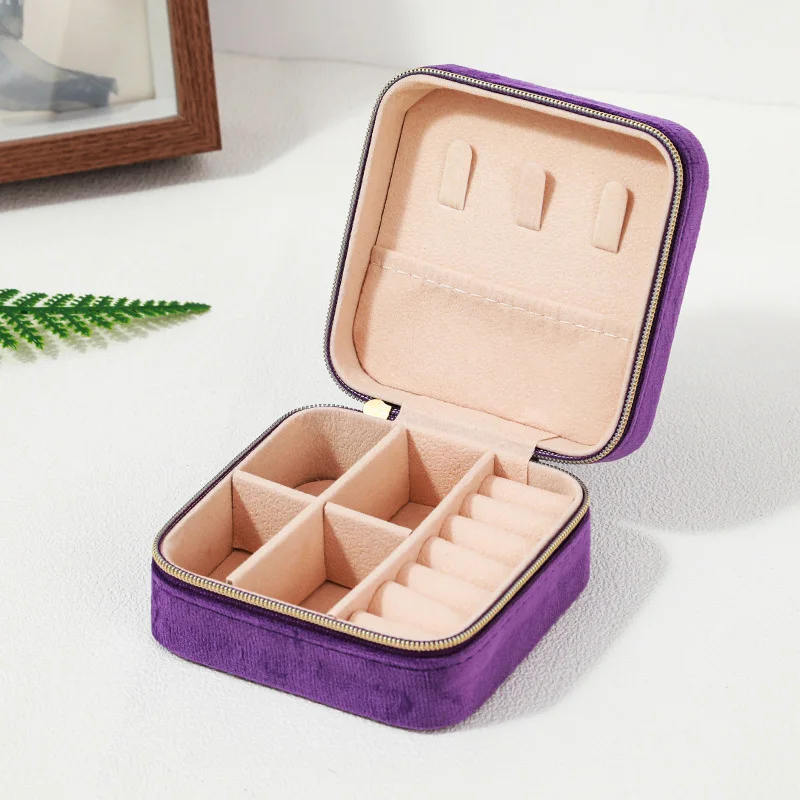 Plush Velvet Jewelry Box Necklace Ring Earrings Organizer Holder Travel Portable Zipper Square Jewelry Storage Case For Women