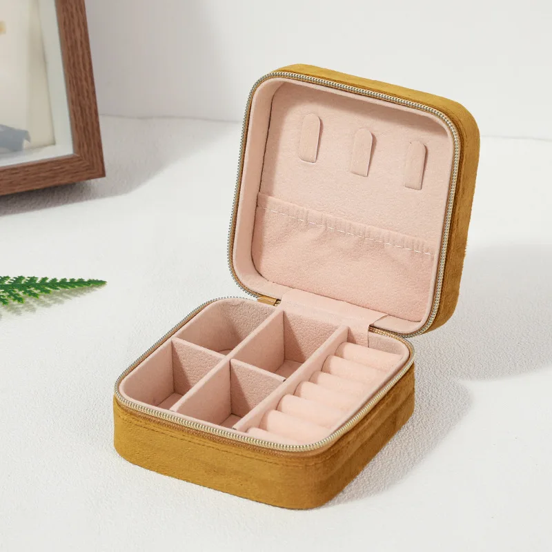 Plush Velvet Jewelry Box Necklace Ring Earrings Organizer Holder Travel Portable Zipper Square Jewelry Storage Case For Women