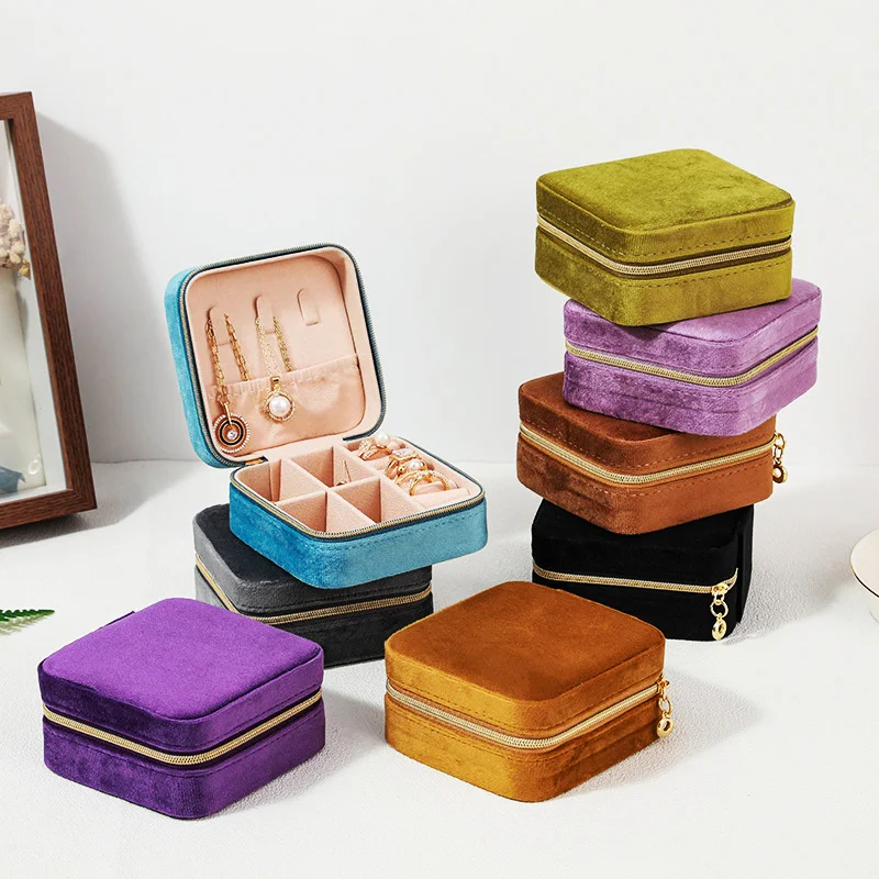 Plush Velvet Jewelry Box Necklace Ring Earrings Organizer Holder Travel Portable Zipper Square Jewelry Storage Case For Women